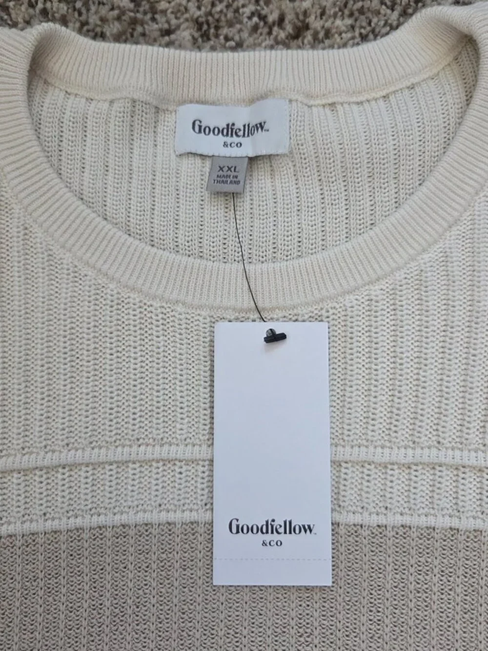 Goodfellow Men’s Colorblock Crewneck Sweater XXL Cream Tan Cotton Blend New NWT